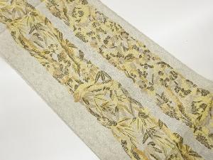 橋に笹・梅・牡丹・菊模様織出し袋帯